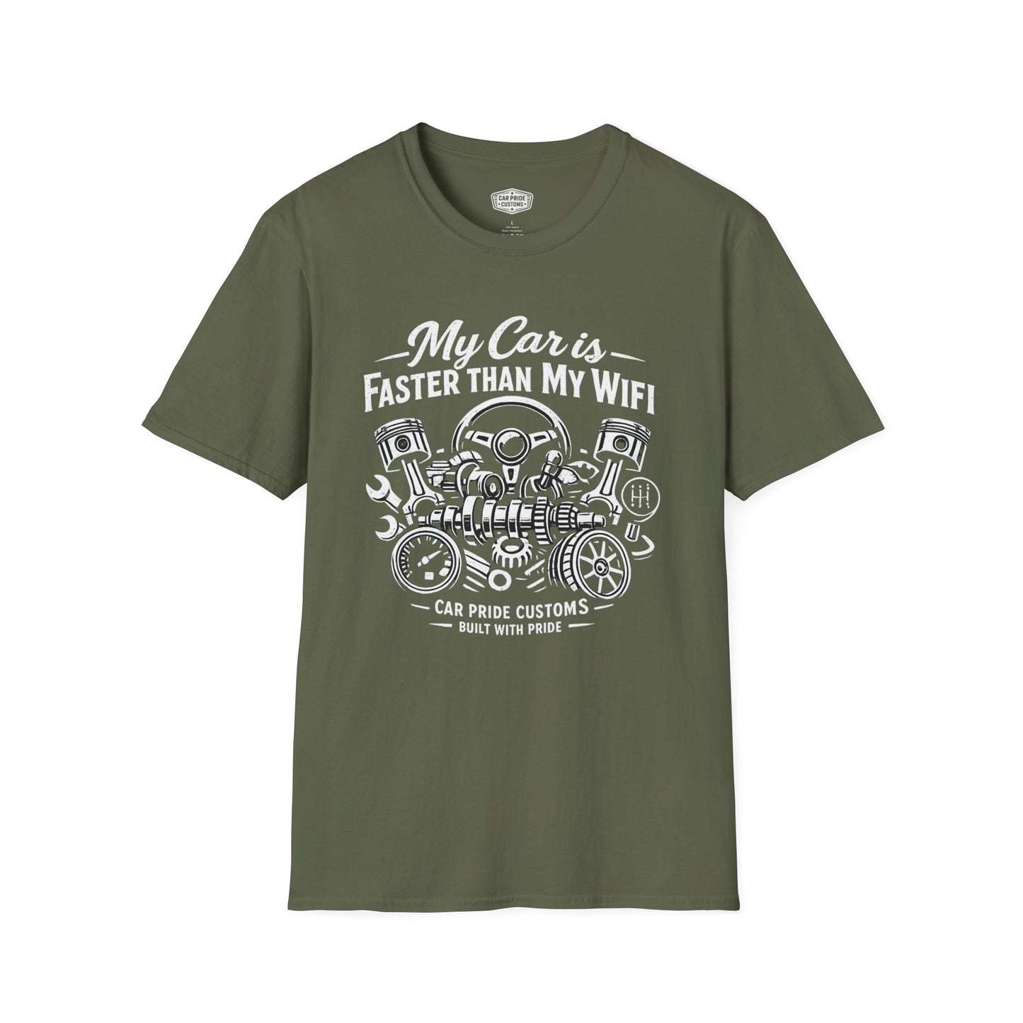 My Car is Faster Than My Wifi T-Shirt | Funny Mechanic Graphic Tee | Horsepower Car Guy Shirt