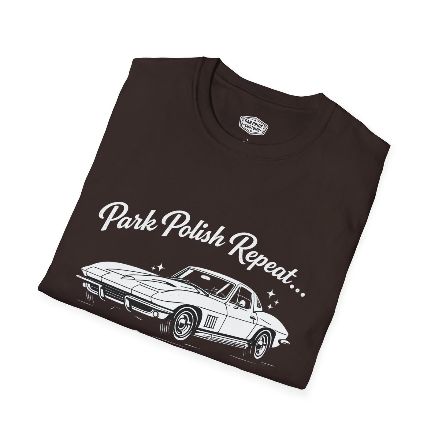 Park Polish Repeat | 1967 Chevy Corvette T-Shirt | Funny Stingray Car Show Graphic Tee | Classic Corvette Shirt
