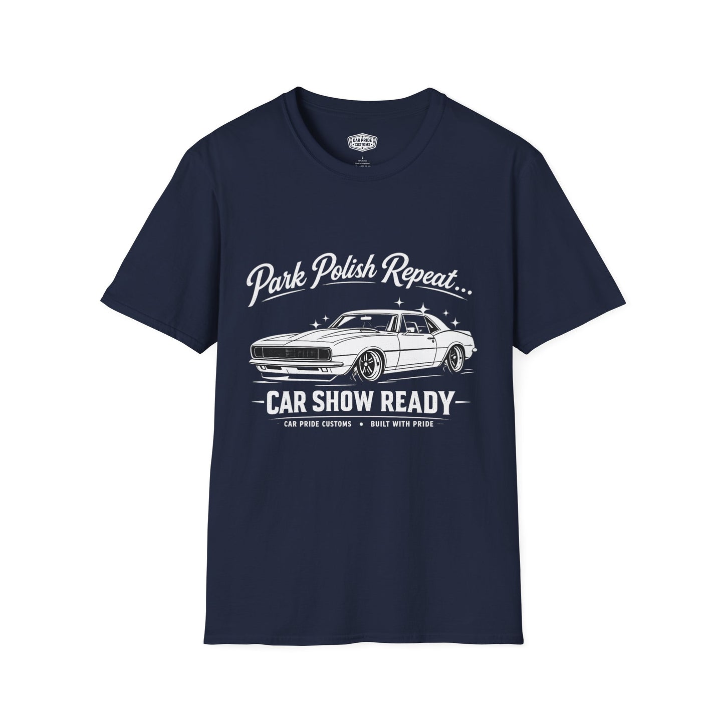 Park Polish Repeat | 1968 Chevy Camaro T-Shirt | Funny Muscle Car Show Graphic Tee | Camaro Shirt