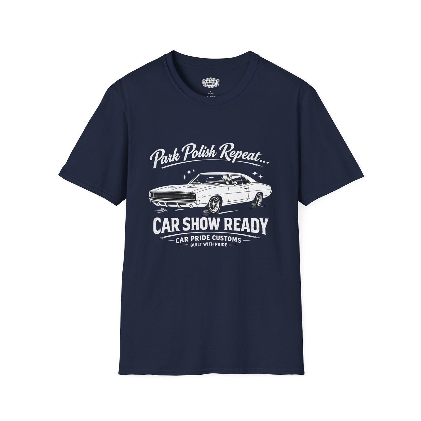 Park Polish Repeat | 1968 Dodge Charger T-Shirt | Funny Mopar Car Show Graphic Tee | Classic Charger Shirt