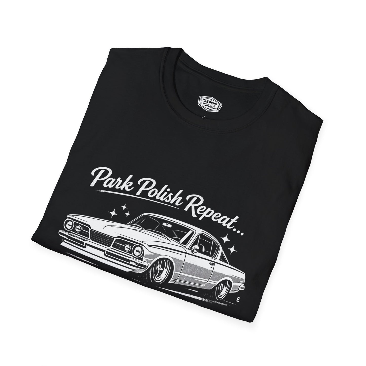 Park Polish Repeat | 1965 Plymouth Barracuda T-Shirt | Funny Mopar Muscle Car Show Graphic Tee | Barracuda Shirt