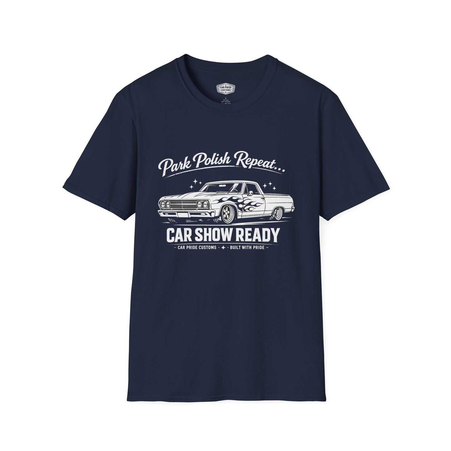 Park Polish Repeat | 1965 Chevy El Camino with Flames T-Shirt | Funny Flame Graphic Show Tee | El Camino Shirt