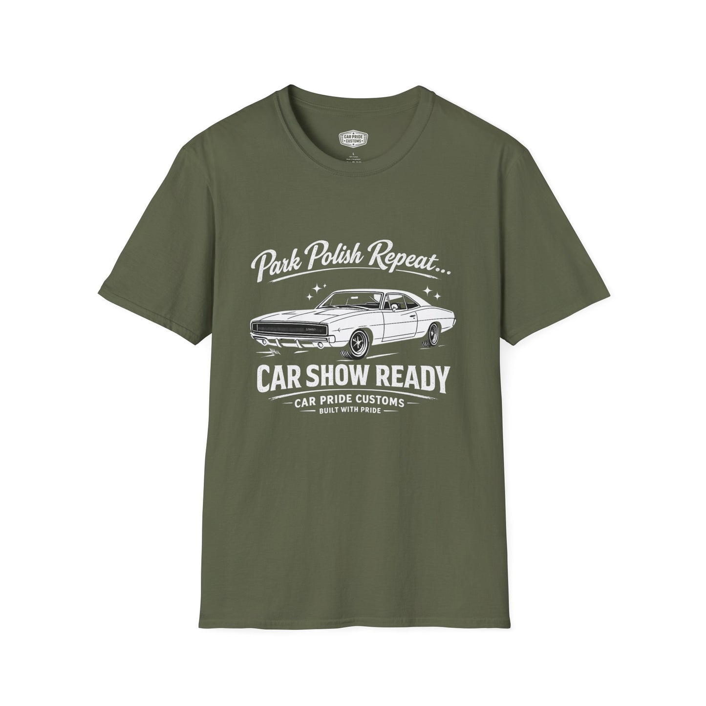 Park Polish Repeat | 1968 Dodge Charger T-Shirt | Funny Mopar Car Show Graphic Tee | Classic Charger Shirt