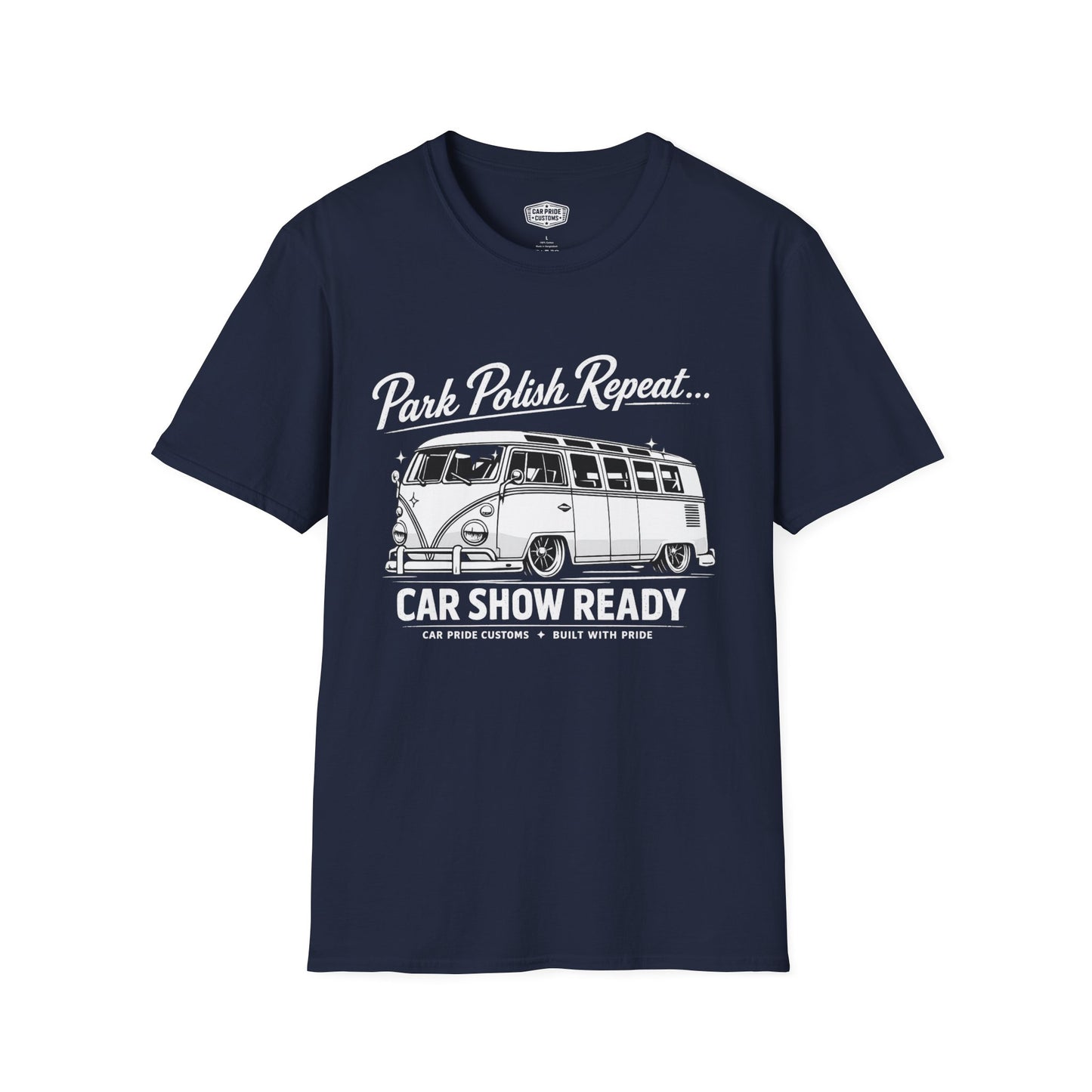 Park Polish Repeat | 1968 VW Bus 13-Window T-Shirt | Funny Classic Van Show Graphic Tee | Volkswagen Shirt