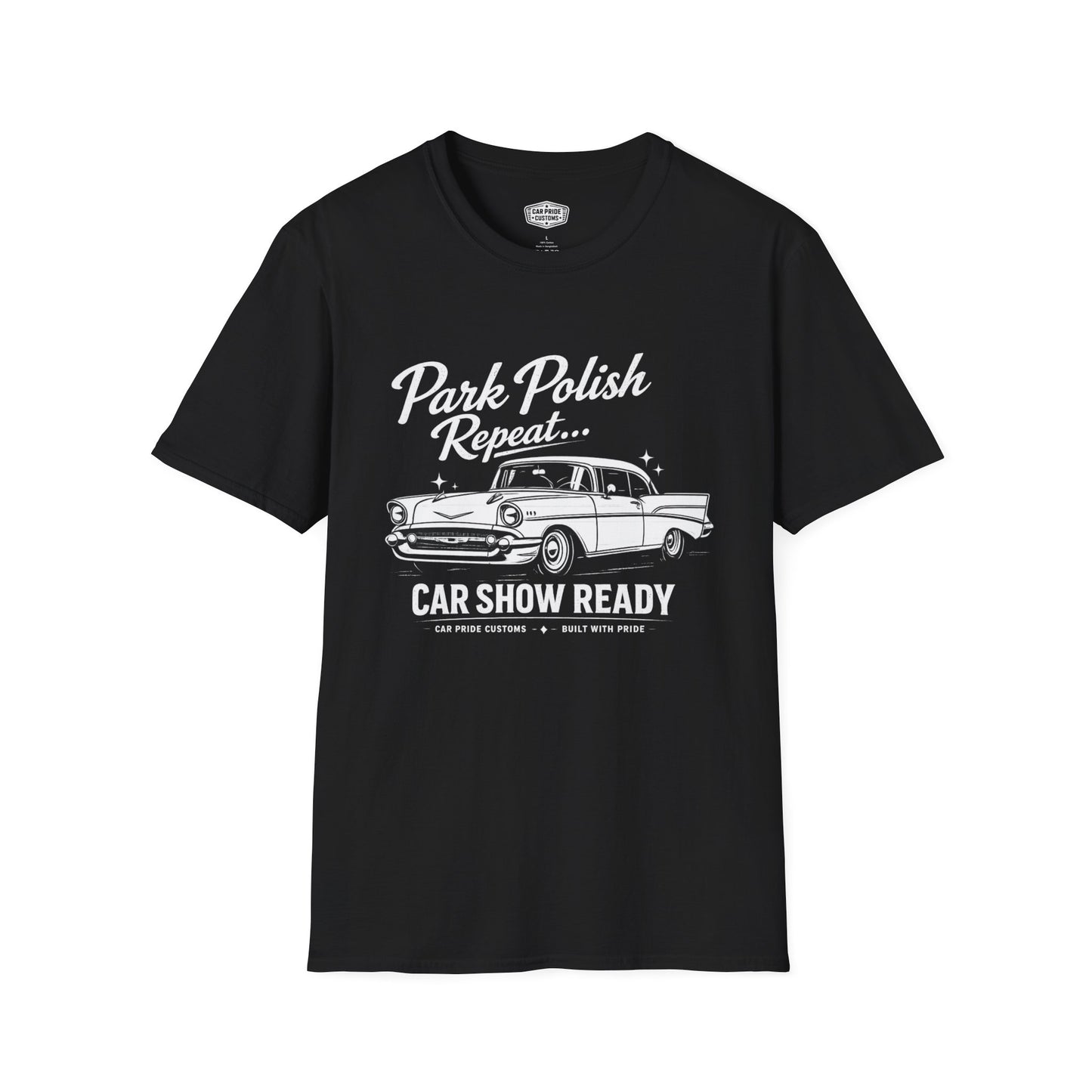 Park Polish Repeat | 1957 Chevy Bel Air T-Shirt | Funny Tri-Five Car Show Graphic Tee | Classic Chevrolet Shirt