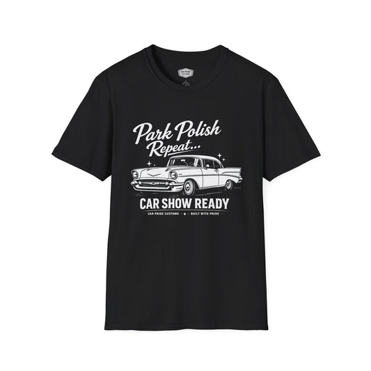 Park Polish Repeat | 1957 Chevy Bel Air T-Shirt | Funny Tri-Five Car Show Graphic Tee | Classic Chevrolet Shirt