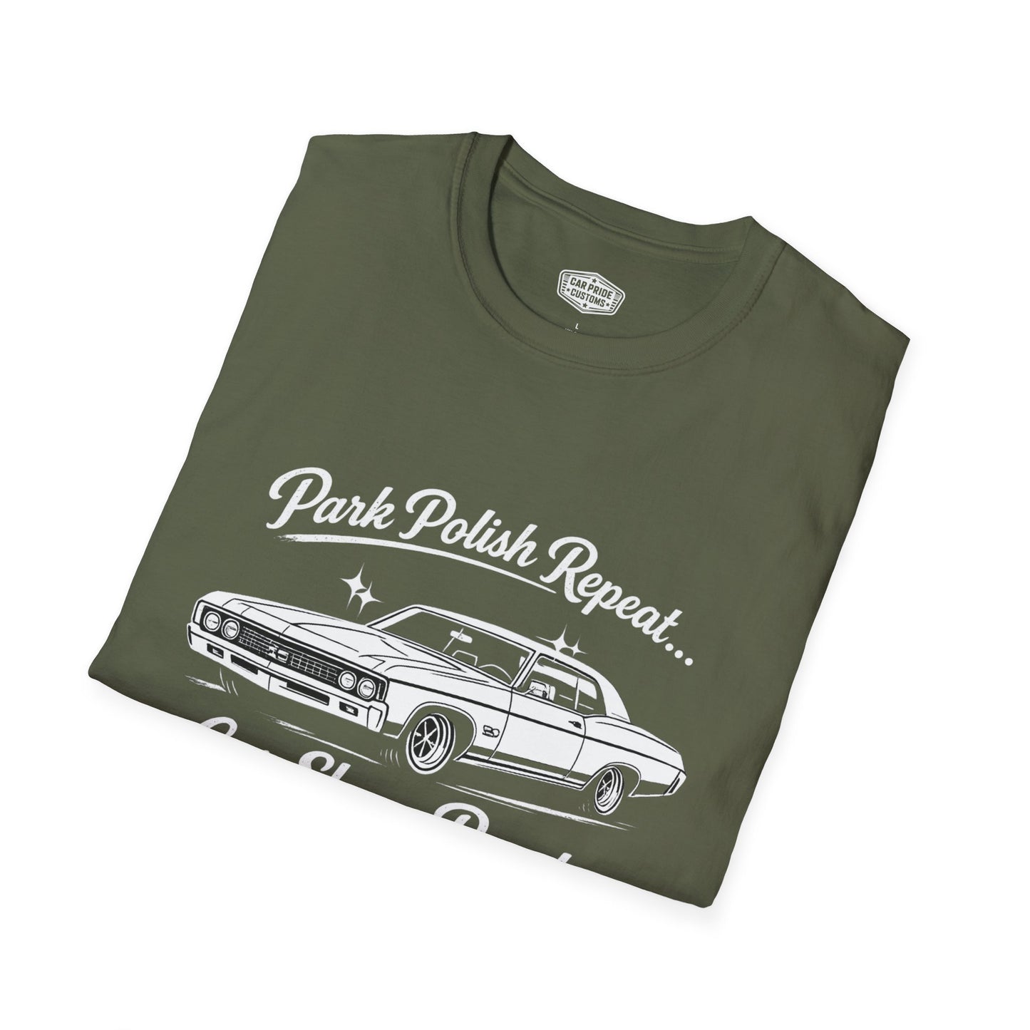 Park Polish Repeat | 1970 Chevy Impala SS T-Shirt | Funny Full-Size Car Show Graphic Tee | Chevrolet Shirt