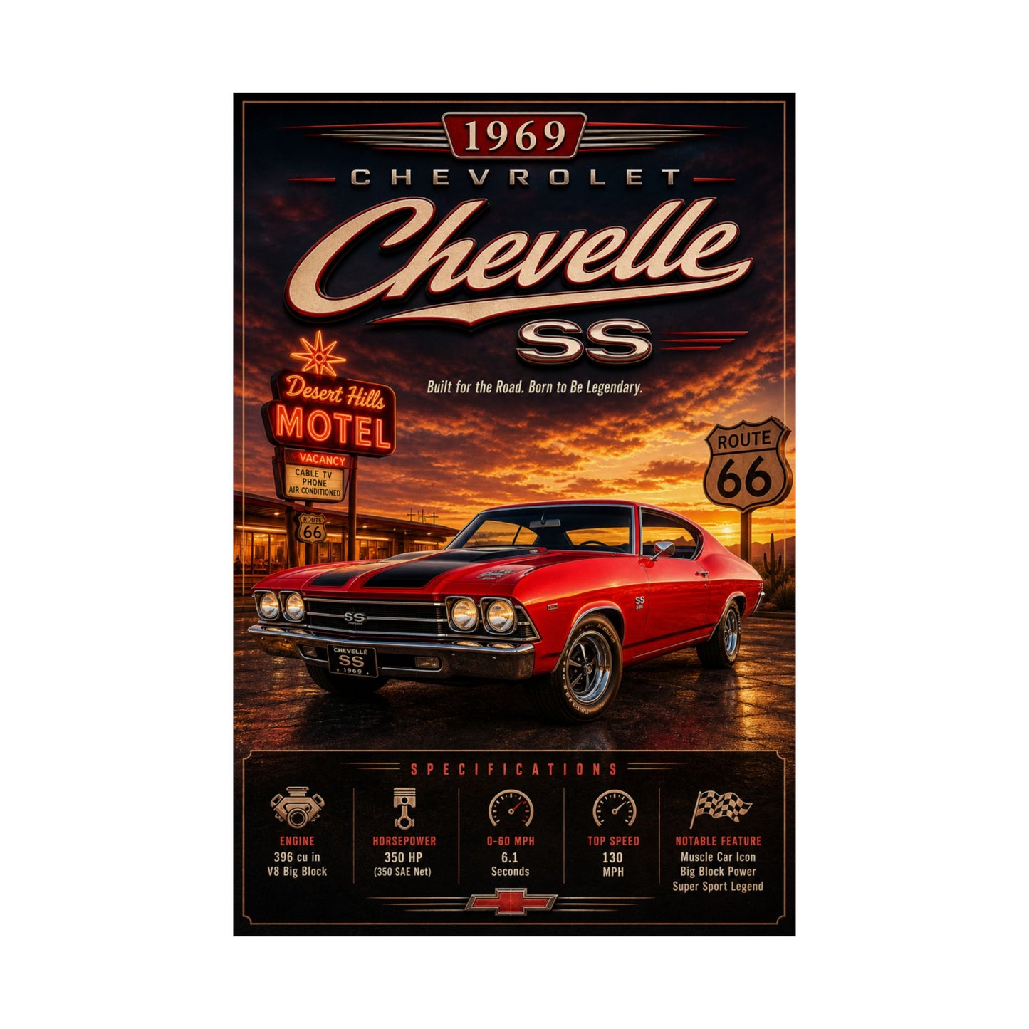 1969 Chevelle SS Poster | Classic Chevrolet Muscle Car Wall Art | Vintage Chevelle Print | Route 66 Poster | Car Enthusiast Gift