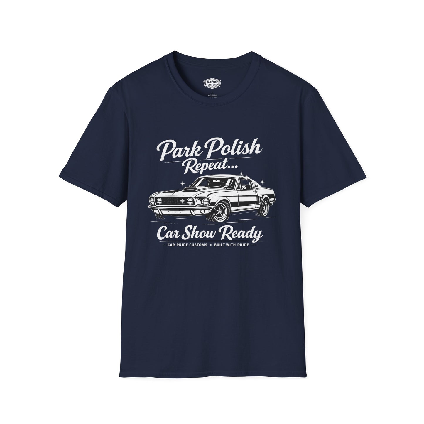 Park Polish Repeat | 1968 Ford Mustang Mach 1 T-Shirt | Funny Car Show Ready Graphic Tee | Classic Mustang Shirt