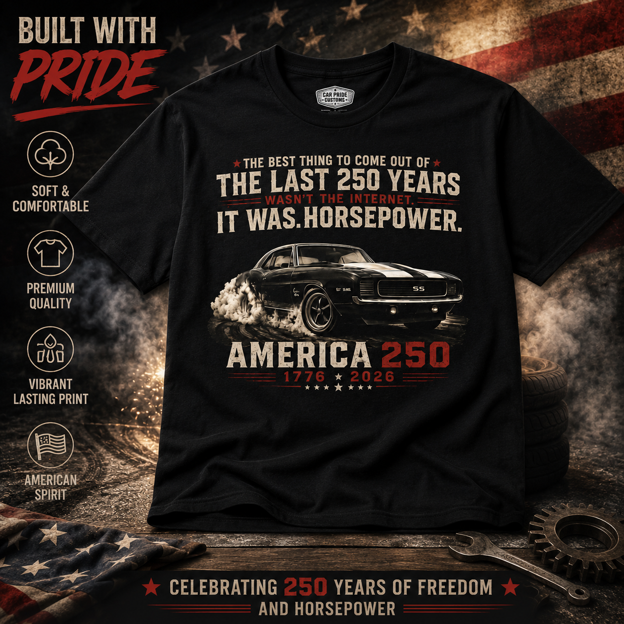 America 250 Camaro Shirt | Horsepower Over Internet T-Shirt | Patriotic Chevy Muscle Car Tee | USA 250th Anniversary Gift | Classic Car Lover Shirt