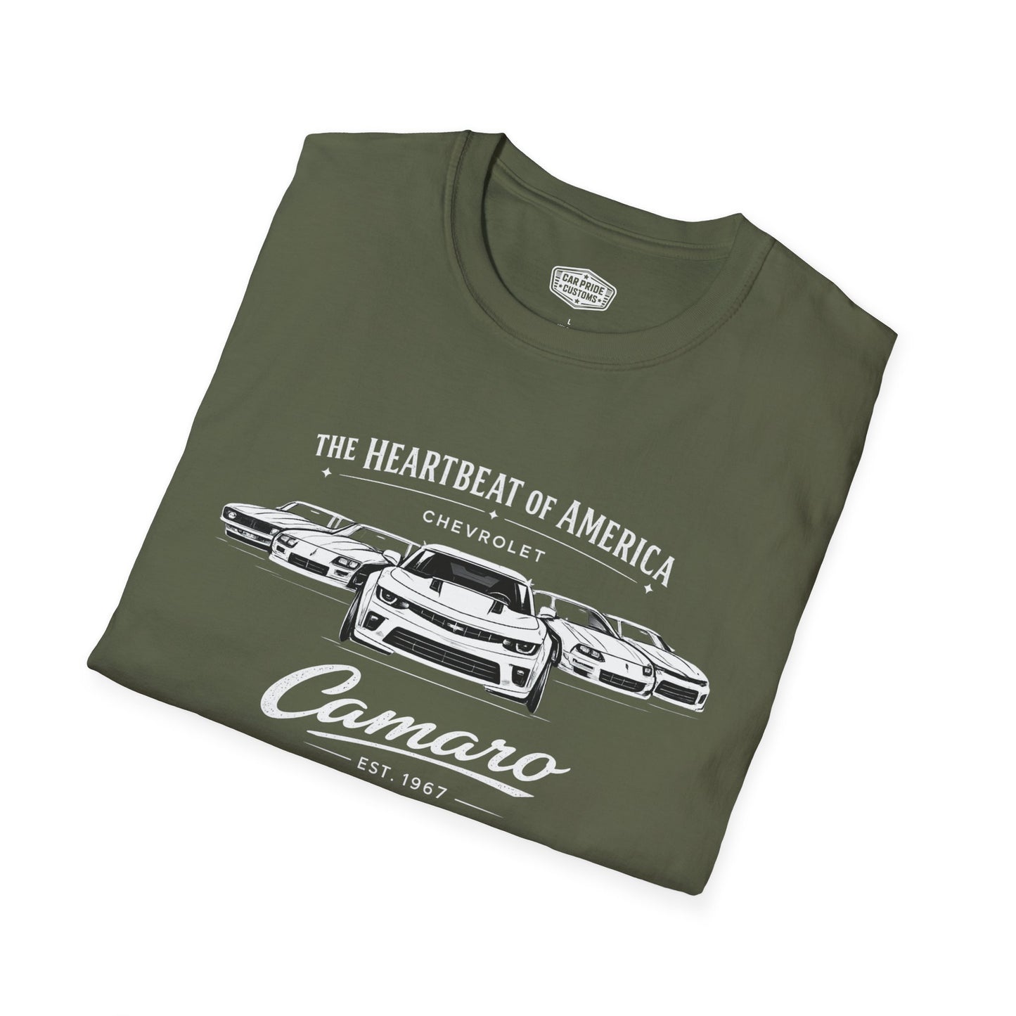 Chevy Camaro Evolution T-Shirt | Heartbeat of America Camaro Graphic Tee | Classic Chevrolet Muscle Car Shirt