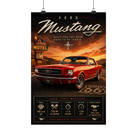 Ford Mustang 1966 Poster | Classic Mustang Wall Art | Vintage Pony Car Print | Route 66 Car Art | Car Lover Gift