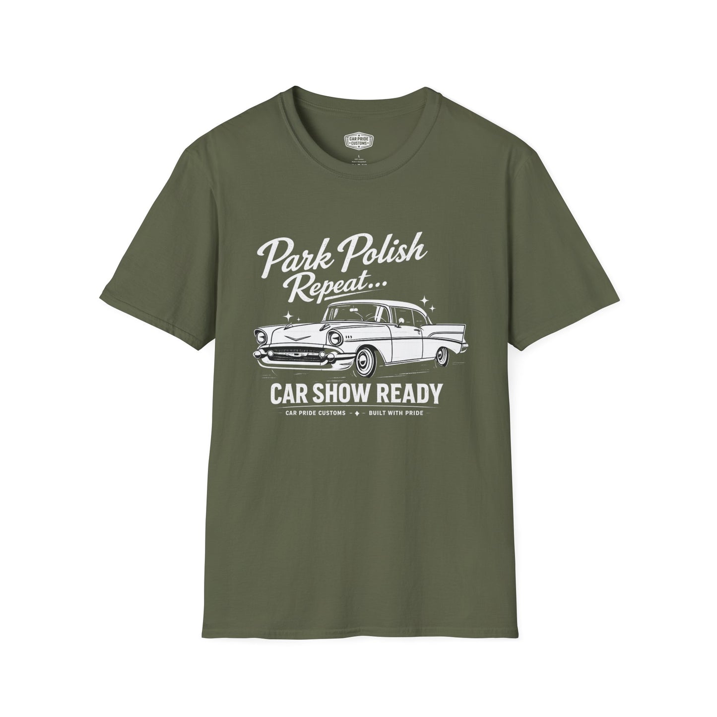 Park Polish Repeat | 1957 Chevy Bel Air T-Shirt | Funny Tri-Five Car Show Graphic Tee | Classic Chevrolet Shirt