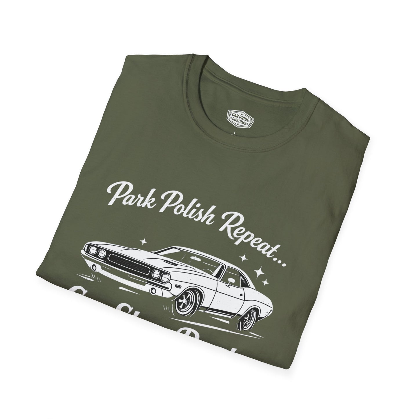Park Polish Repeat | 1970 Dodge Challenger T-Shirt | Funny Mopar Muscle Car Show Graphic Tee | Challenger Shirt