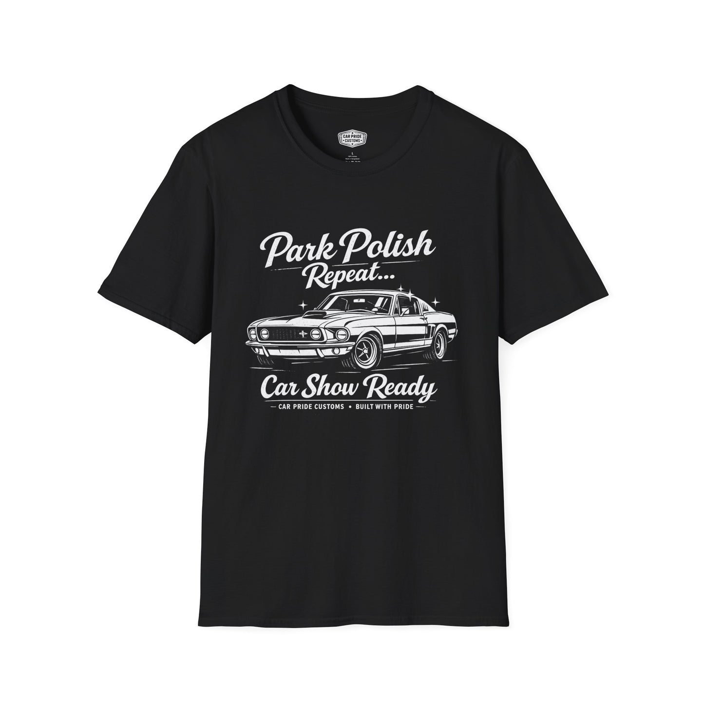 Park Polish Repeat | 1968 Ford Mustang Mach 1 T-Shirt | Funny Car Show Ready Graphic Tee | Classic Mustang Shirt