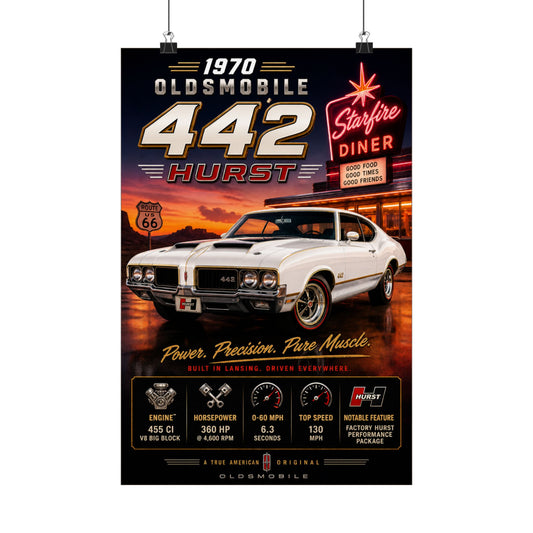1970 Oldsmobile 442 Hurst Poster | Classic Muscle Car Wall Art | Vintage Olds 442 Print | Route 66 Car Poster | Car Enthusiast Gift