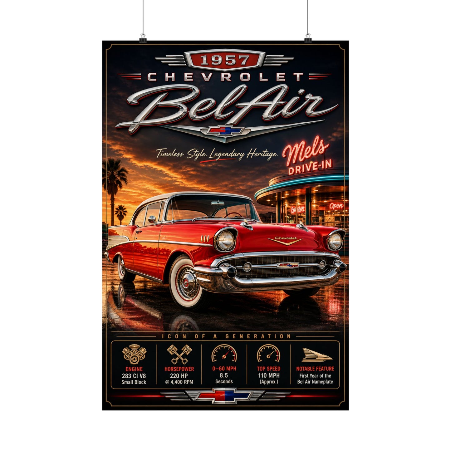 1957 Chevy Bel Air Poster | Classic Chevrolet Wall Art | Vintage 50s Car Print | Retro Diner Car Poster | Car Enthusiast Gift