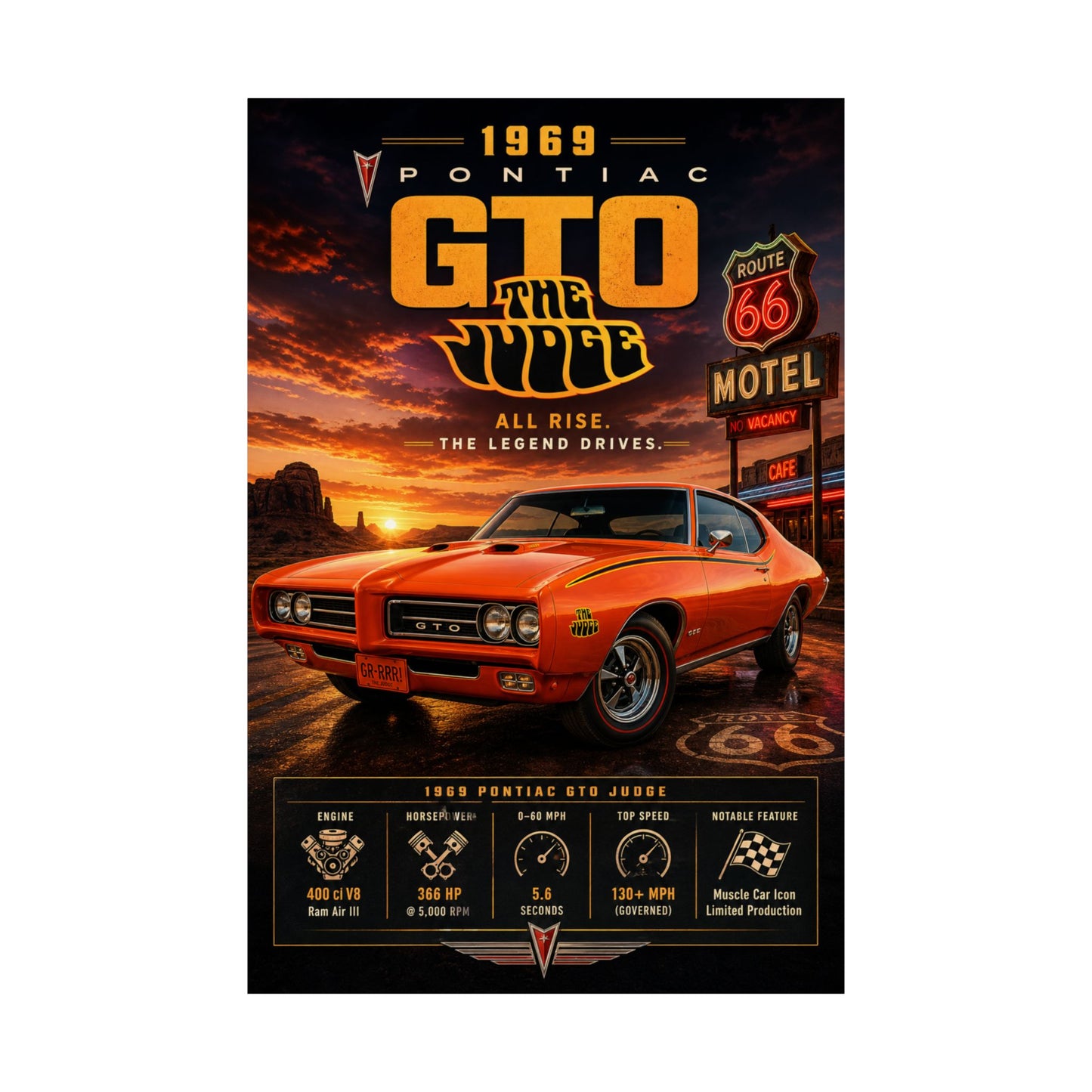 1969 Pontiac GTO Judge Poster | Classic Muscle Car Wall Art | Vintage GTO Print | Route 66 Car Poster | Car Enthusiast Gift