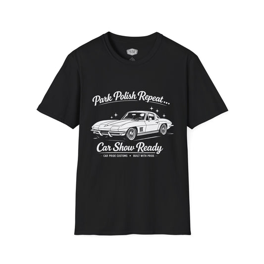 Park Polish Repeat | 1963 Chevy Corvette T-Shirt | Funny Split Window Car Show Graphic Tee | Stingray Shirt