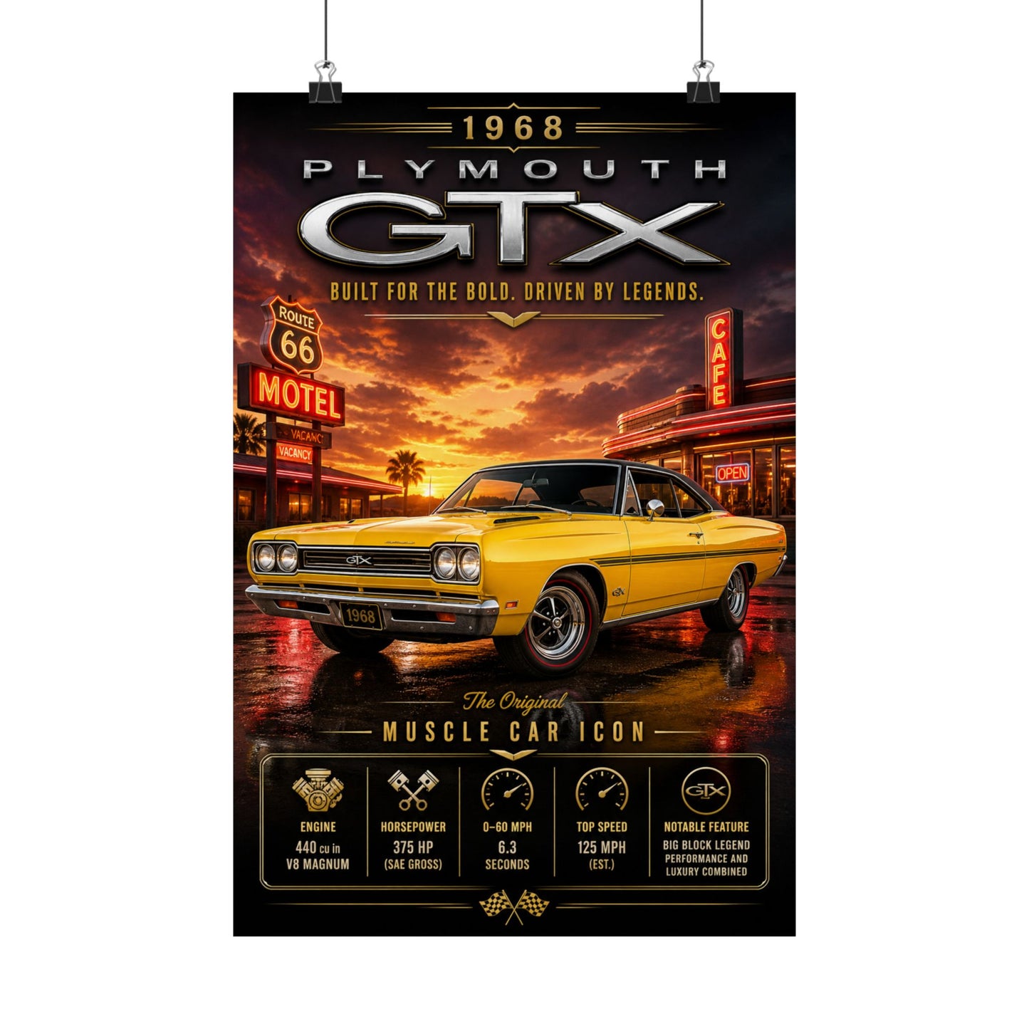 1968 Plymouth GTX Poster | Classic Mopar Muscle Car Wall Art | Vintage GTX Print | Route 66 Car Poster | Car Enthusiast Gift