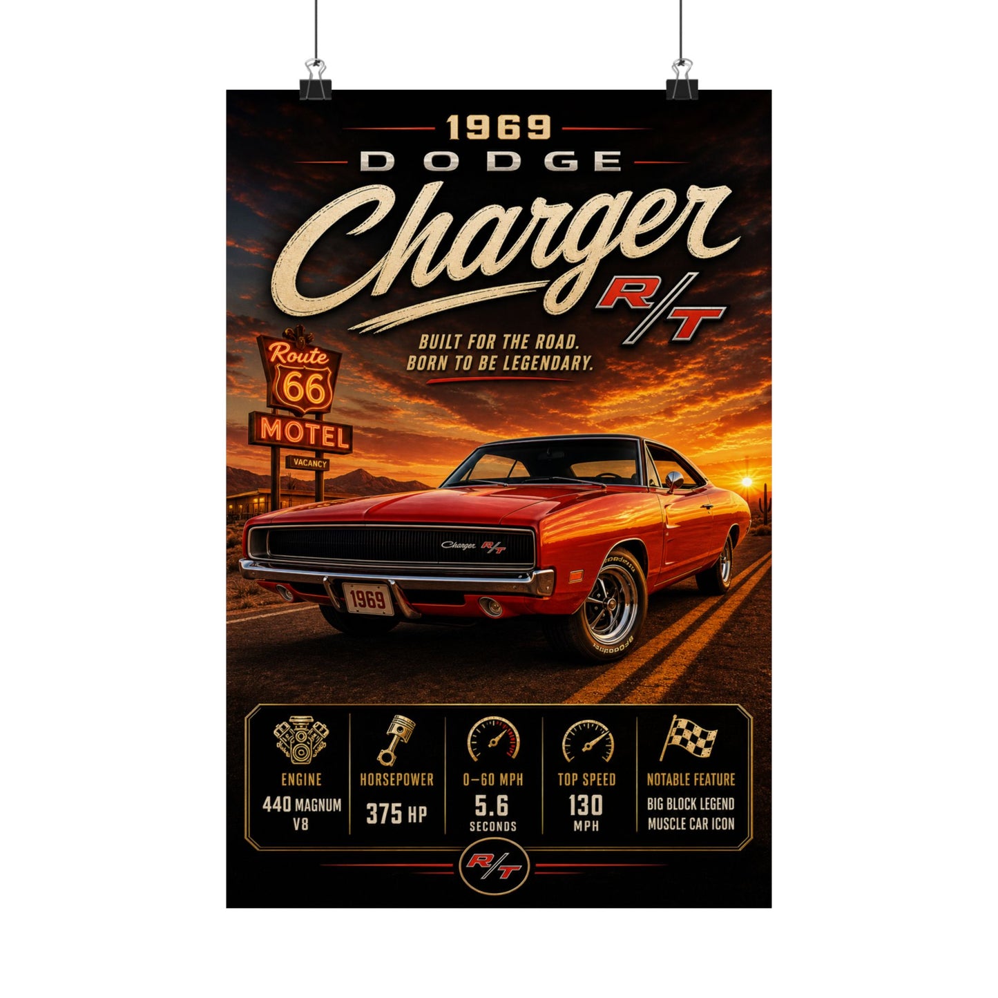 1969 Dodge Charger RT Poster | Classic Mopar Muscle Car Print | Route 66 Wall Art | Vintage Charger Poster | Car Enthusiast Gift