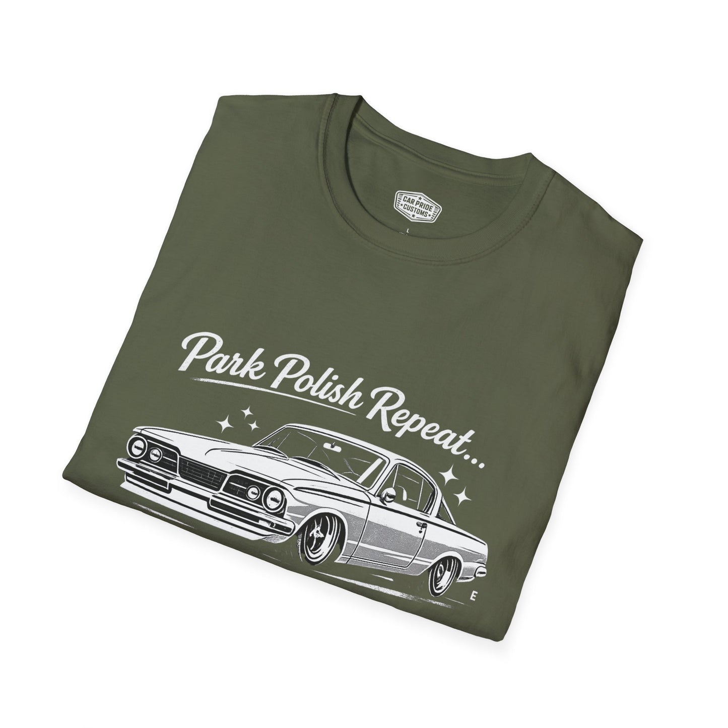 Park Polish Repeat | 1965 Plymouth Barracuda T-Shirt | Funny Mopar Muscle Car Show Graphic Tee | Barracuda Shirt