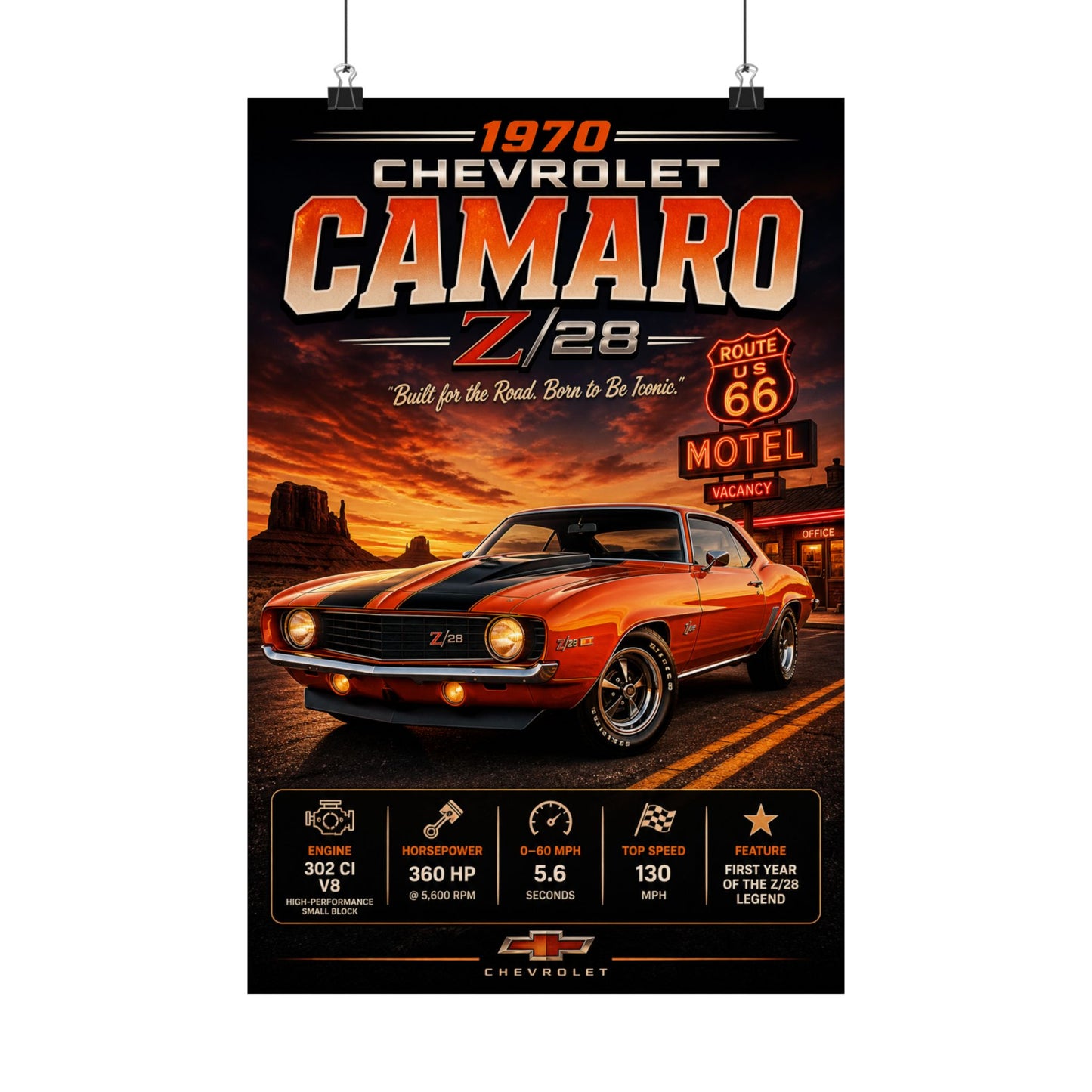 1970 Camaro Z28 Poster | Classic Chevrolet Muscle Car Wall Art | Vintage Camaro Print | Route 66 Car Poster | Car Enthusiast Gift