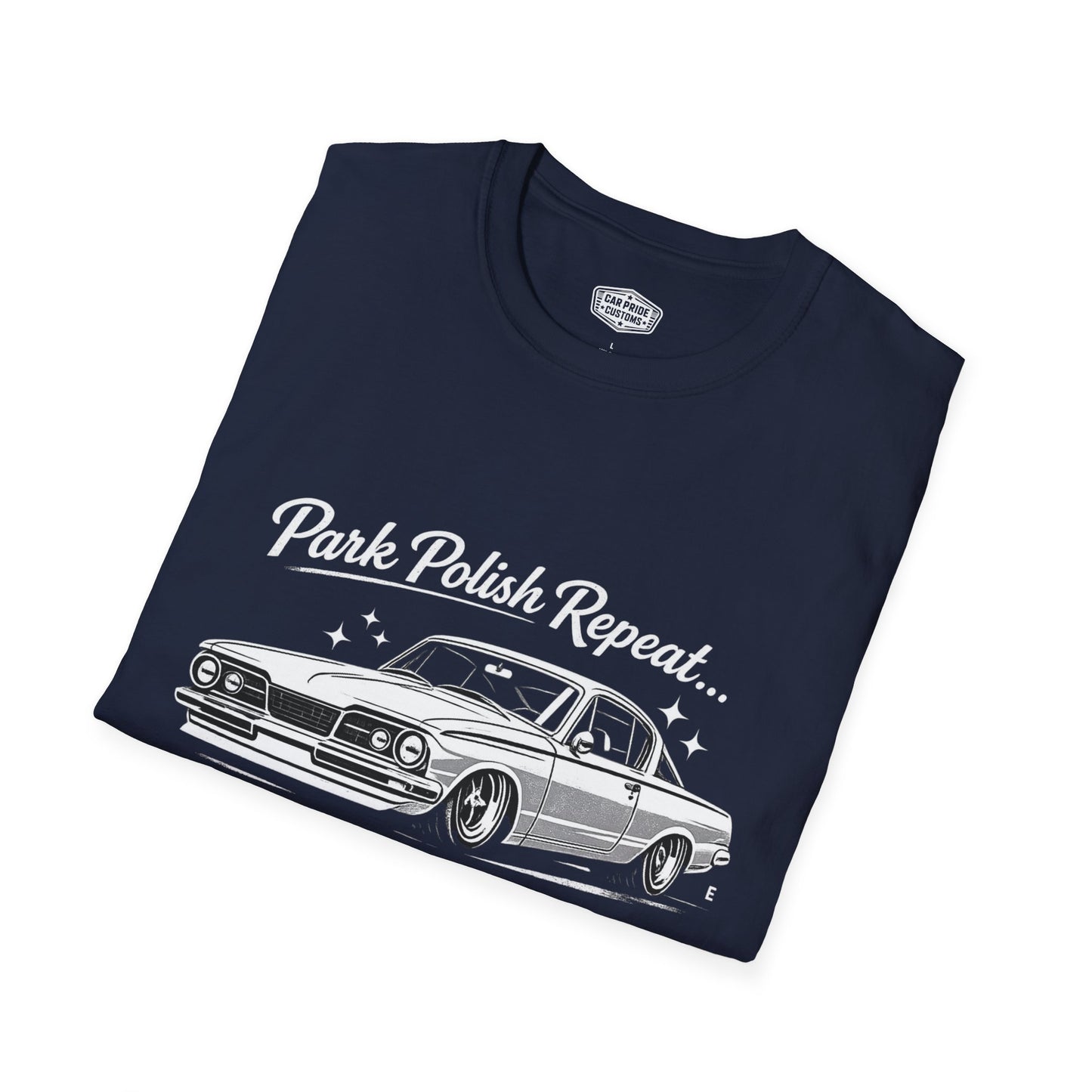 Park Polish Repeat | 1965 Plymouth Barracuda T-Shirt | Funny Mopar Muscle Car Show Graphic Tee | Barracuda Shirt