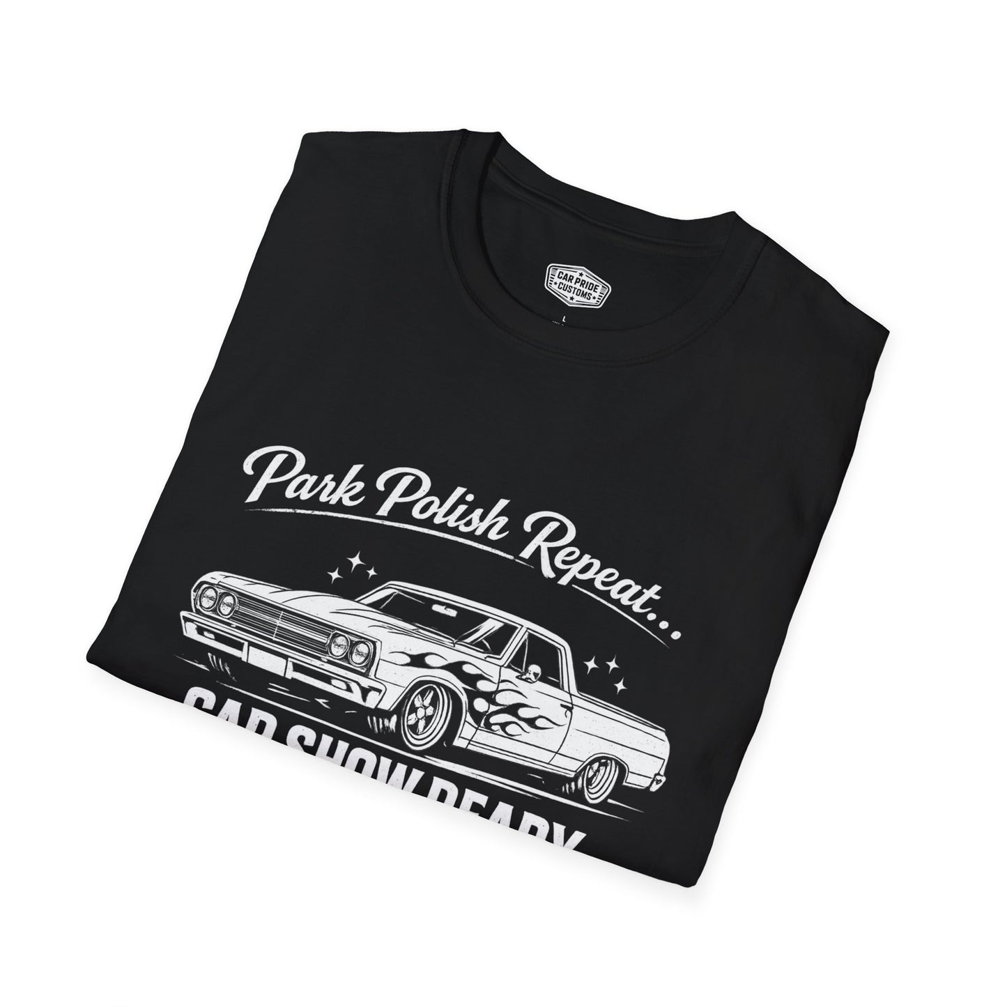Park Polish Repeat | 1965 Chevy El Camino with Flames T-Shirt | Funny Flame Graphic Show Tee | El Camino Shirt