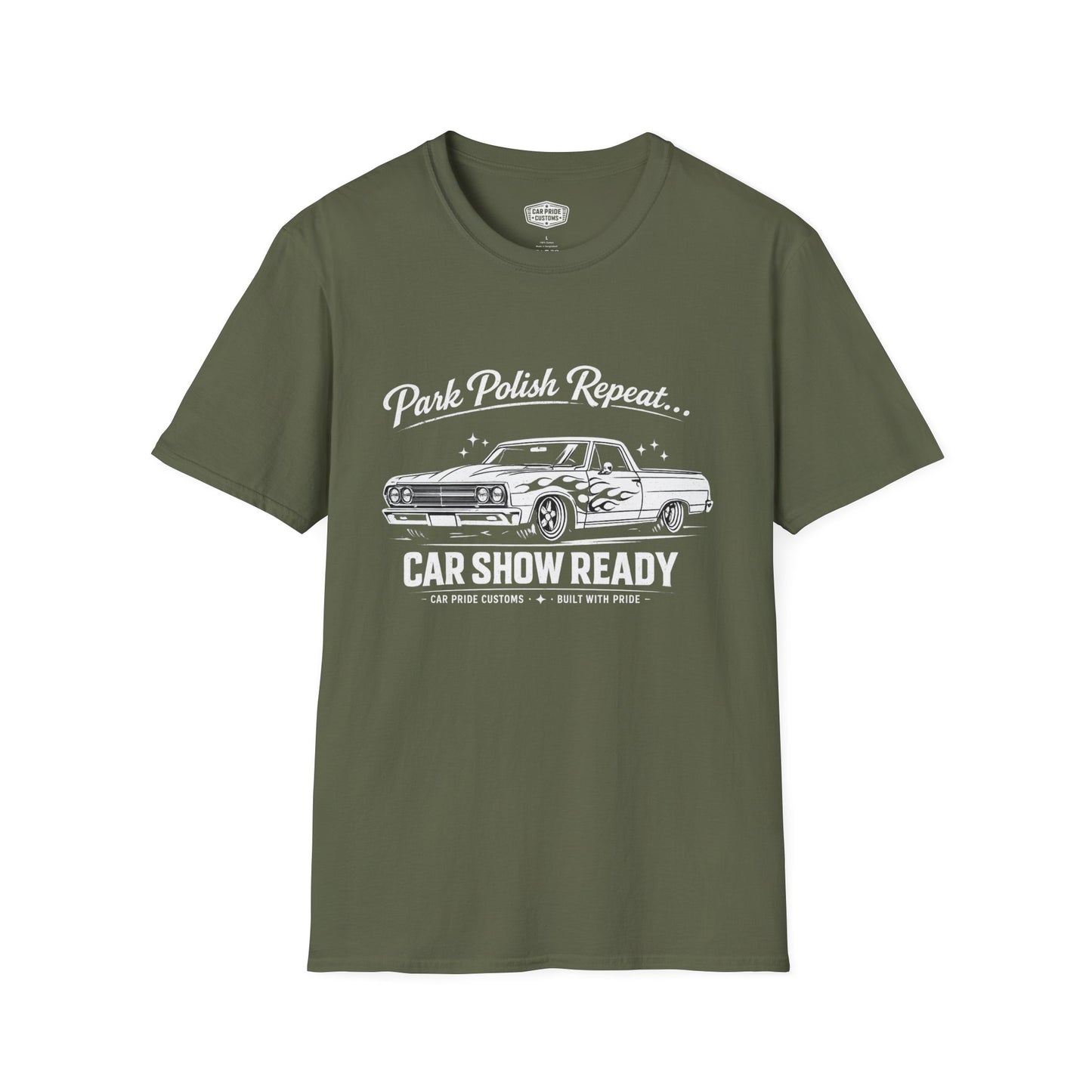Park Polish Repeat | 1965 Chevy El Camino with Flames T-Shirt | Funny Flame Graphic Show Tee | El Camino Shirt