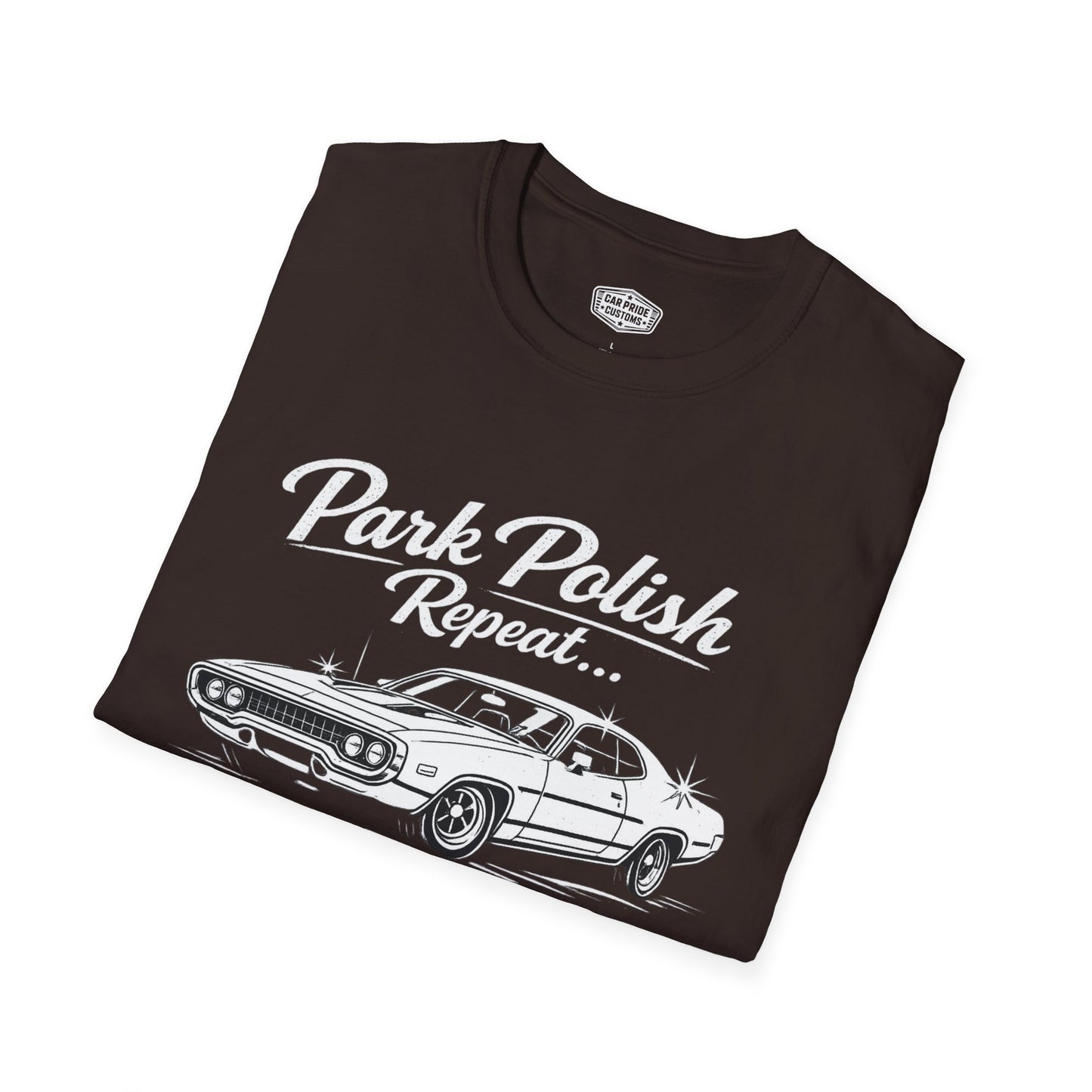 Park Polish Repeat | 1971 Plymouth Road Runner T-Shirt | Funny Mopar Muscle Car Show Graphic Tee | Road Runner Shirt