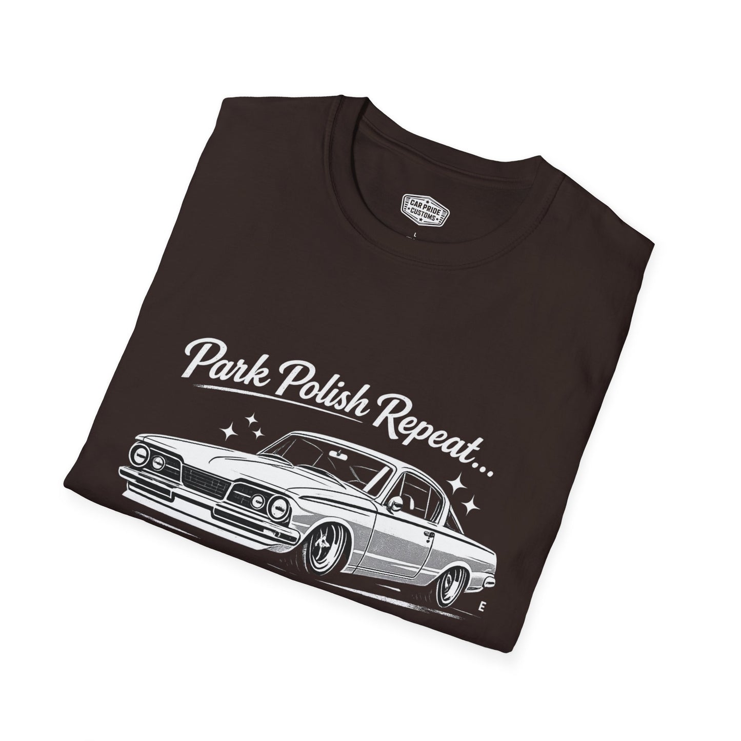 Park Polish Repeat | 1965 Plymouth Barracuda T-Shirt | Funny Mopar Muscle Car Show Graphic Tee | Barracuda Shirt