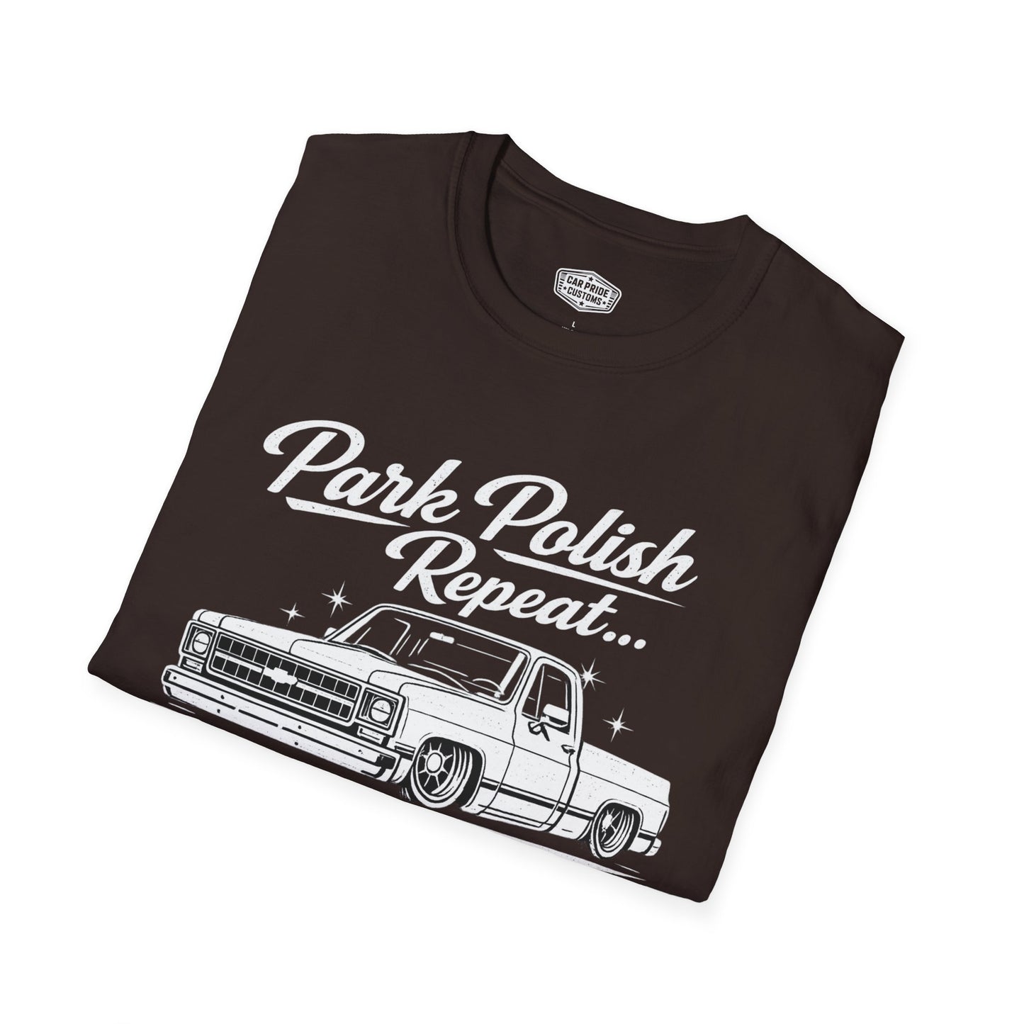 Park Polish Repeat | 1975 Chevy Silverado T-Shirt | Funny Square Body Truck Show Graphic Tee | Chevrolet Truck Shirt