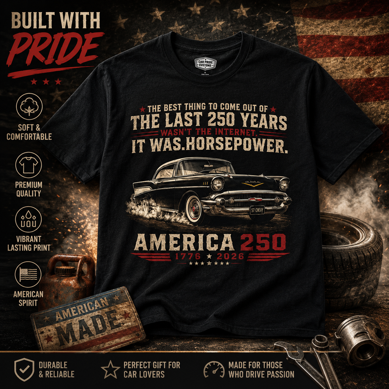 America 250 Bel Air Shirt | Horsepower Over Internet T-Shirt | Patriotic Chevy Classic Car Tee | USA 250th Anniversary Gift | Classic Car Lover Shirt